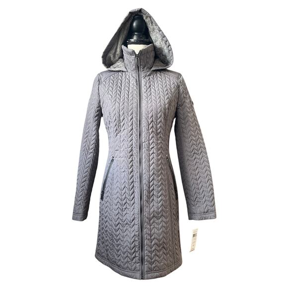 BCBGeneration Quilted Chevron XS Coat Puffer Faux Fur Jacket Gray Parka New - Picture 1 of 13
